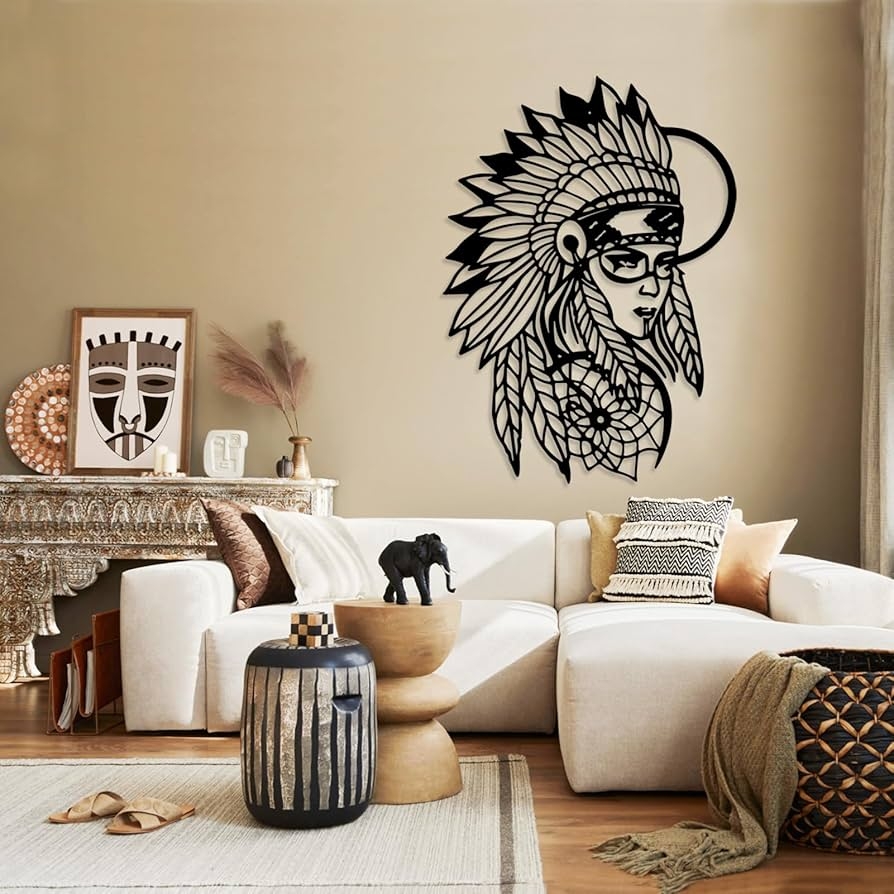 Metal Wall Art: Laser Cut Headdress Tribal Motif Decor