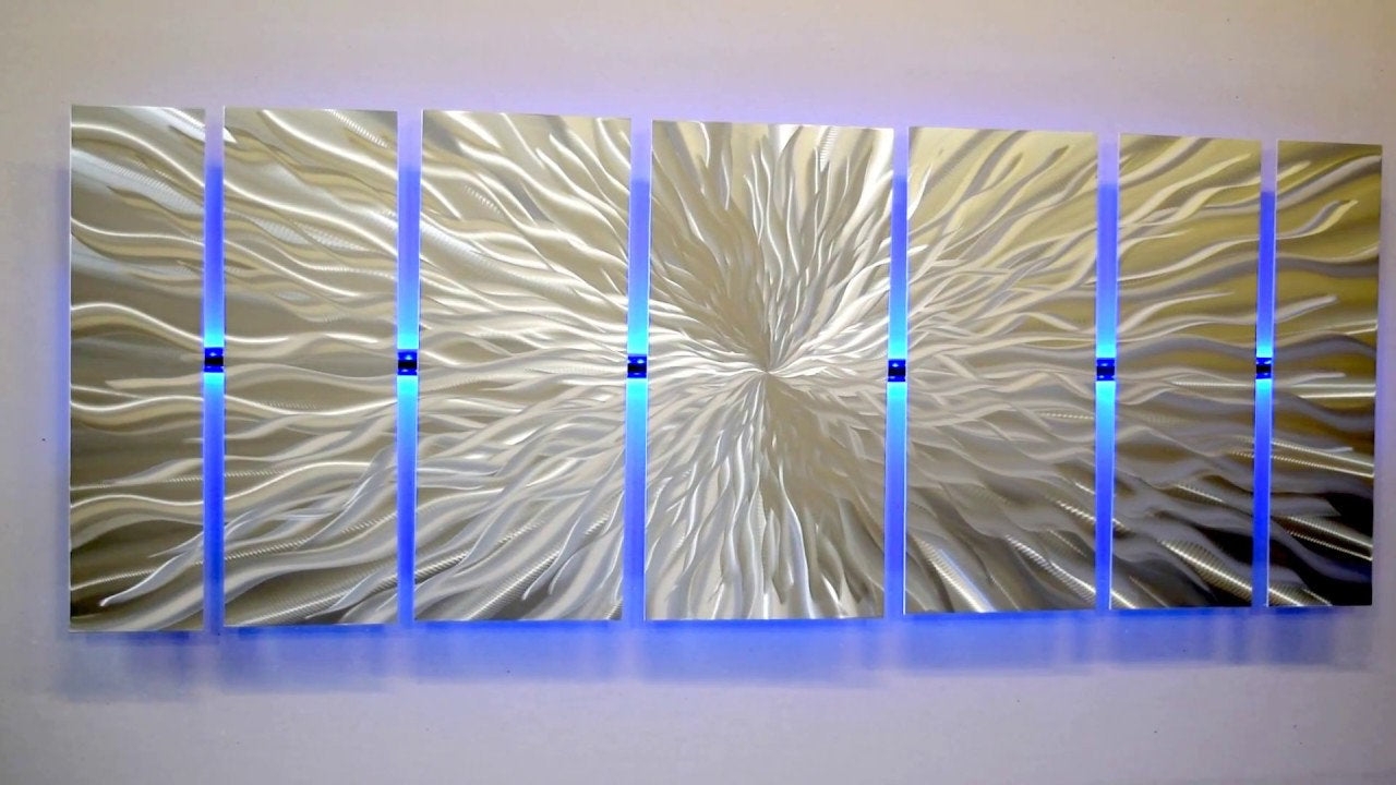 Metal Wall Art with Multi Panel Layout and Blue LED Backlighting
