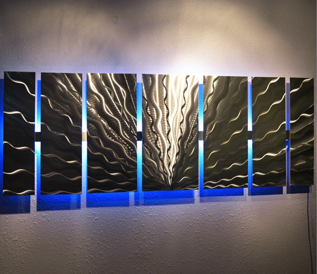 Metal Wall Art with Wave Pattern and Blue LED Backlit Slats