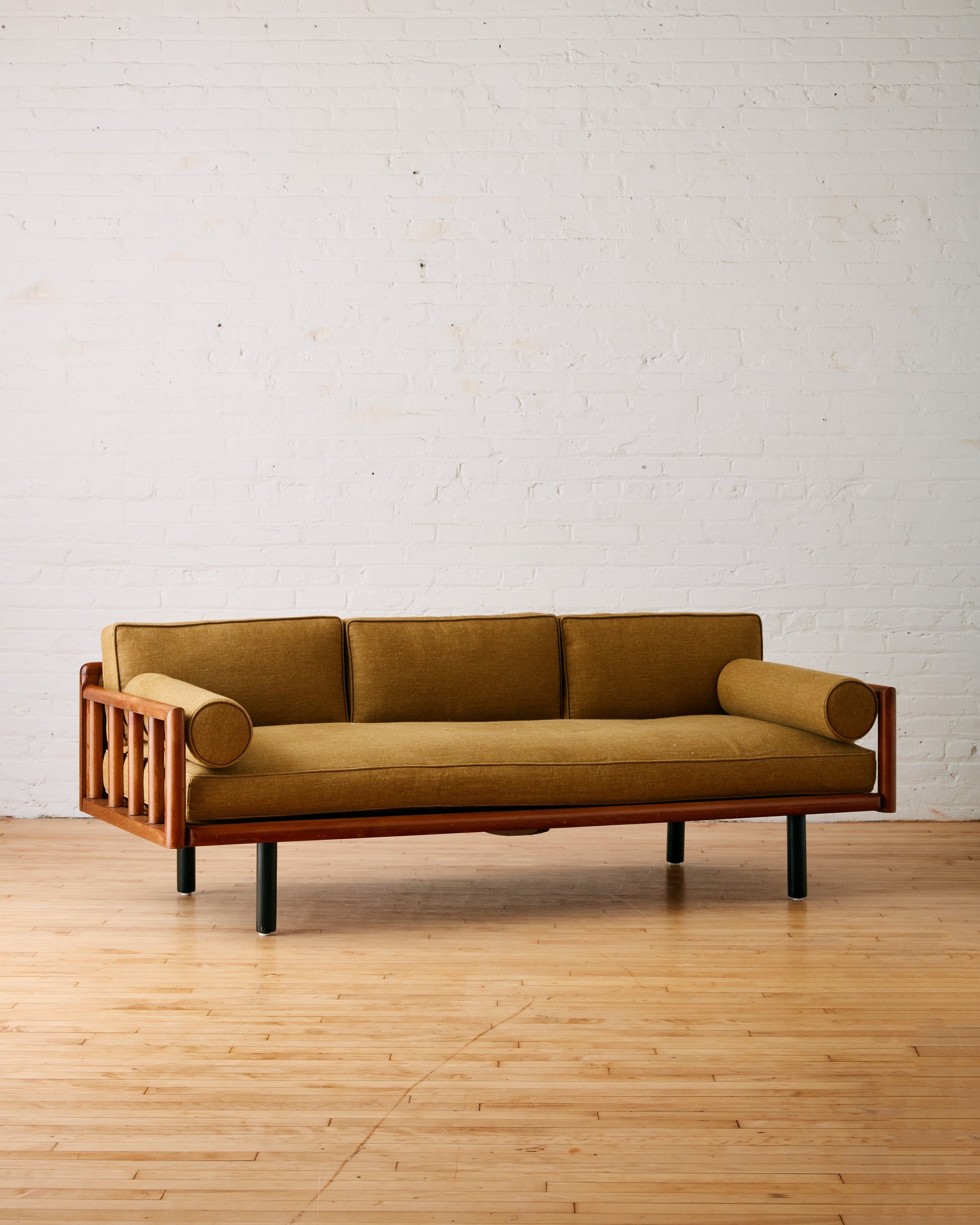 Mid Century Daybed With Spindle Wood Frame and Mustard Yellow