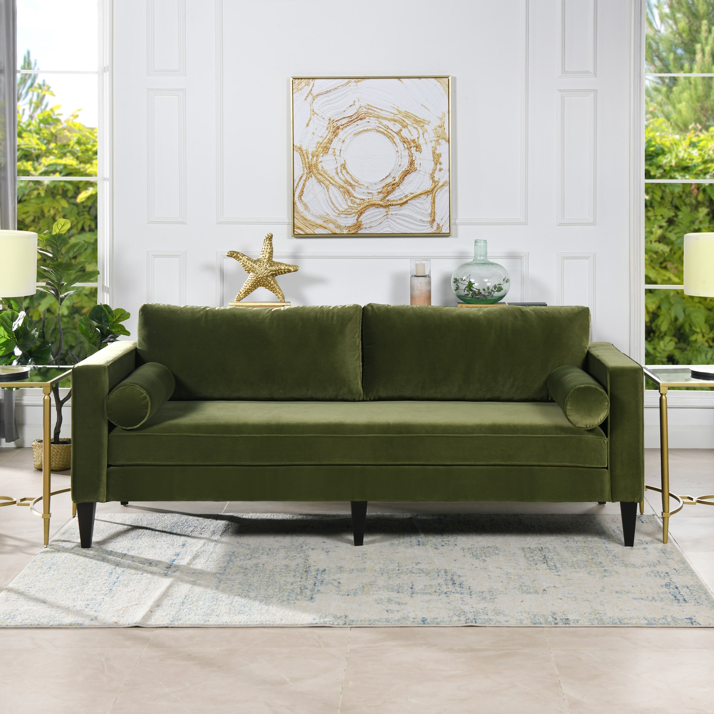 Mid Century Sofa Cylindrical Bolsters Tapered Dark Legs
