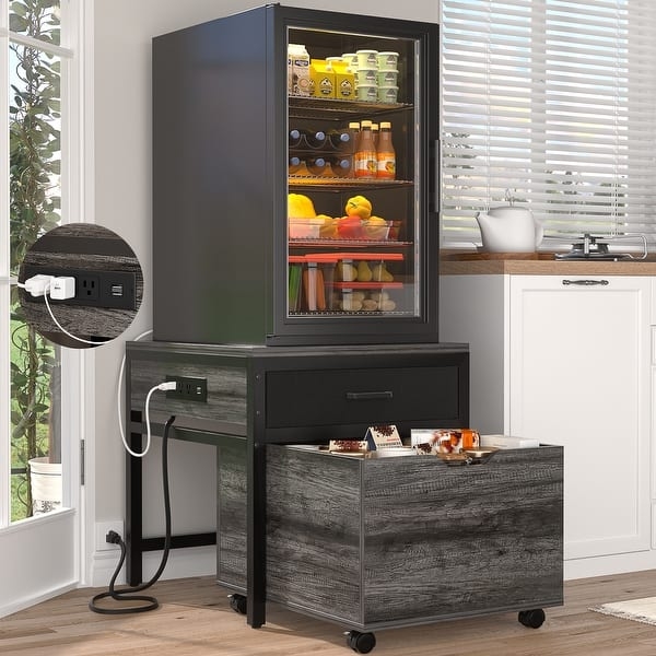 Mini Fridge Stand with Rolling Cabinet and Grey Oak Charging Station