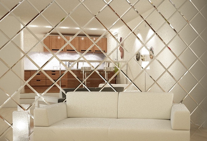 Mirror Panel with Diamond Beveled Tiles and Reflective Wall