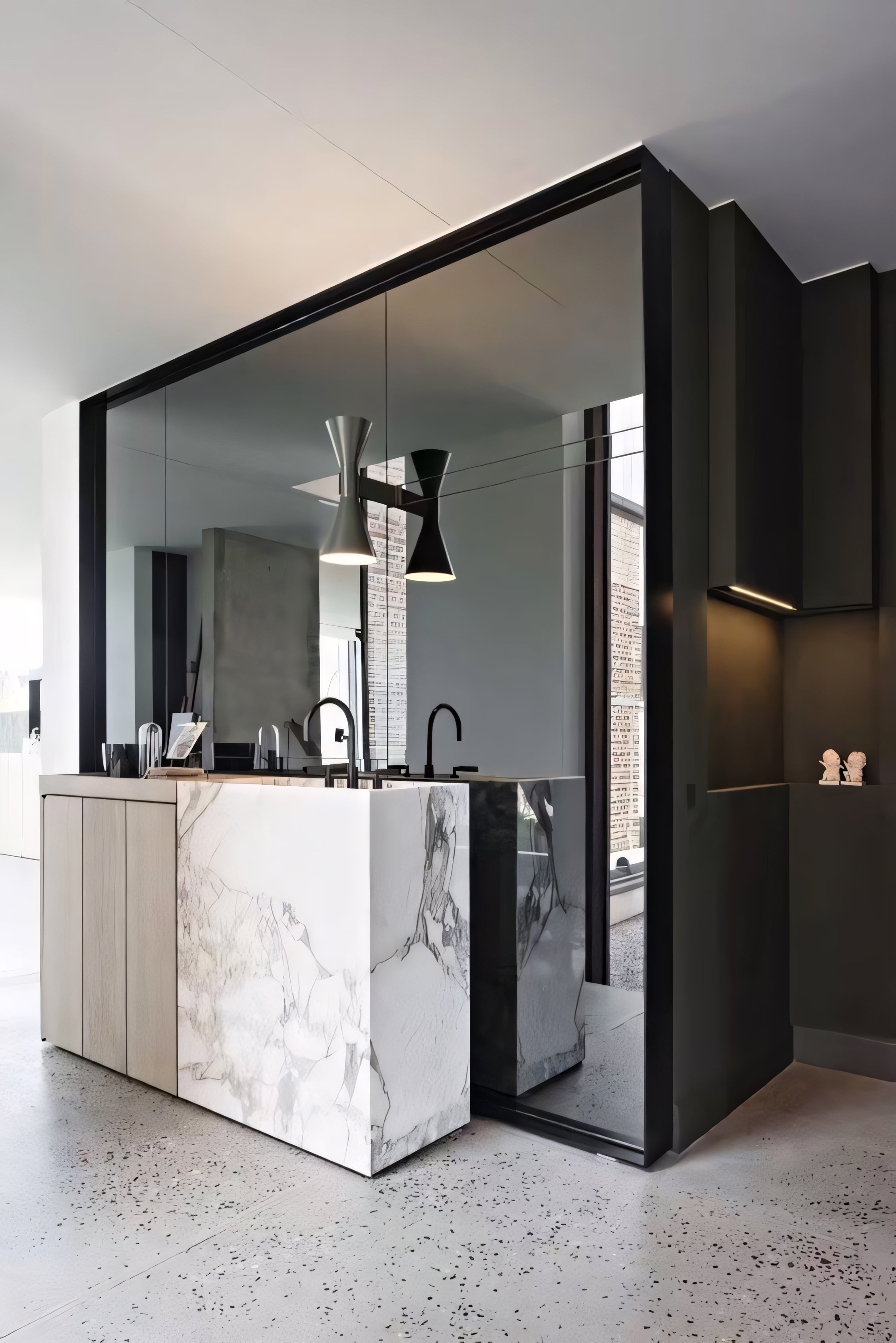 Mirror Panel with Monolithic Stone Block for Floor to Ceiling