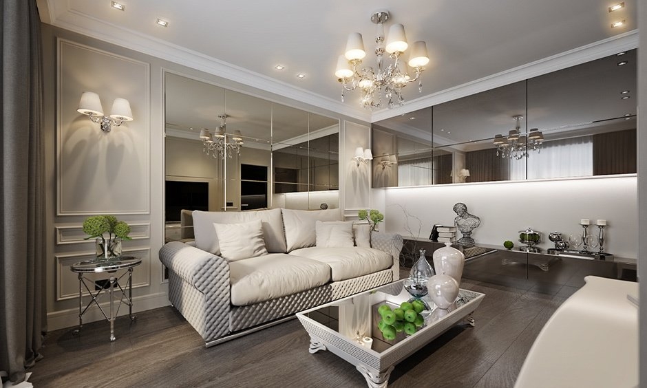 Mirror Wall Panel showcasing Quilted Sofa Arms and Grid