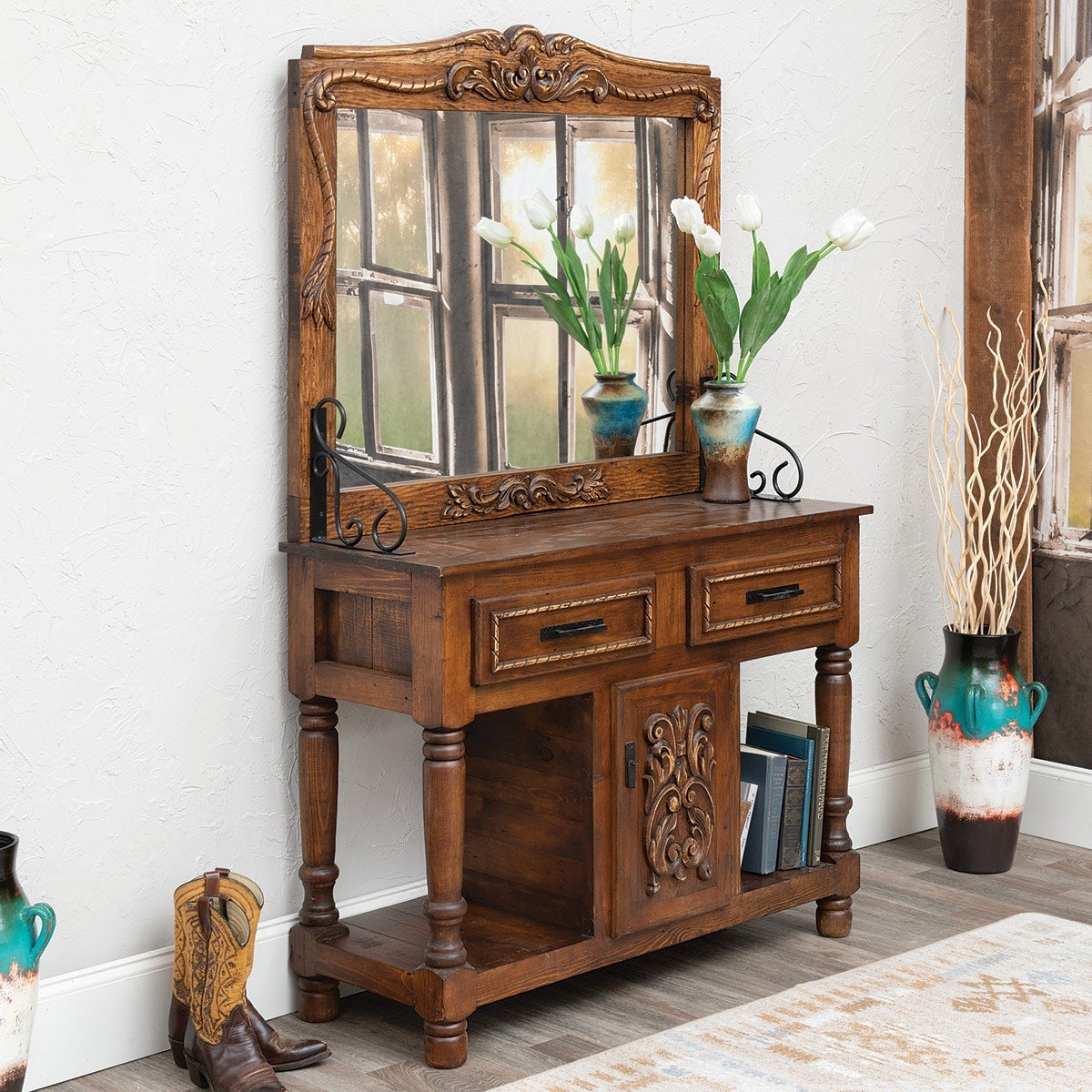 Mirrored Console Table: Ornate Carved Wood-Toned Western Vanity