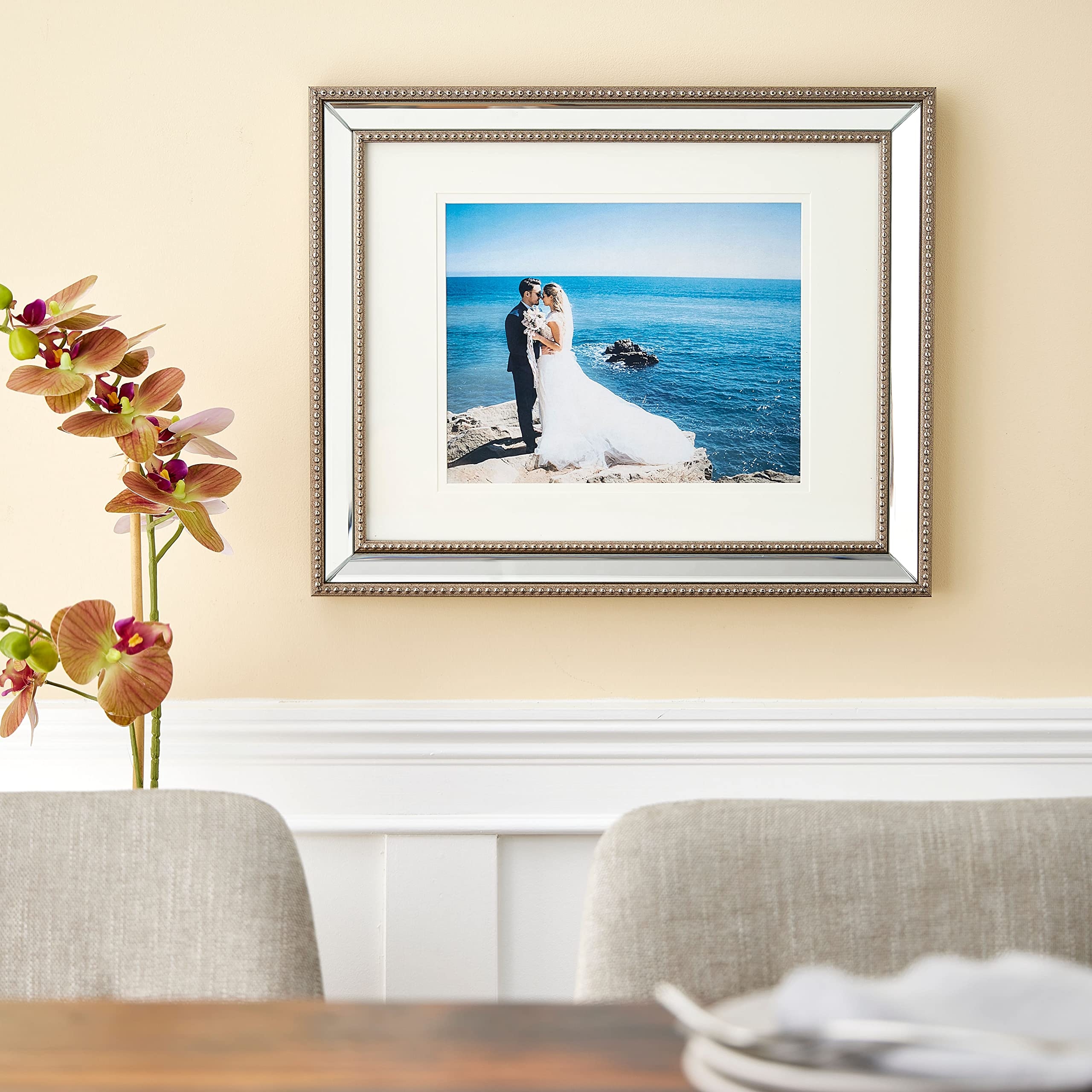 Mirrored Picture Frame Wide White Mat Beaded Molding