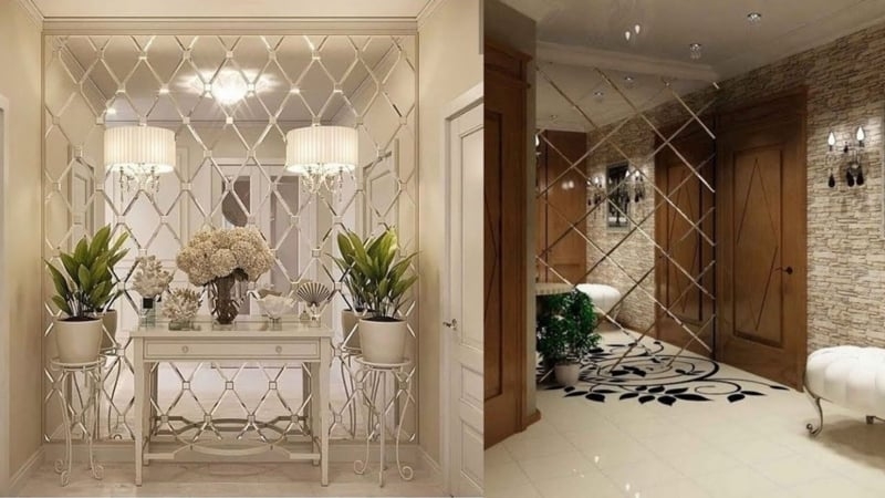 Mirrored Wall Panel featuring Diamond Lattice Overlay Accents