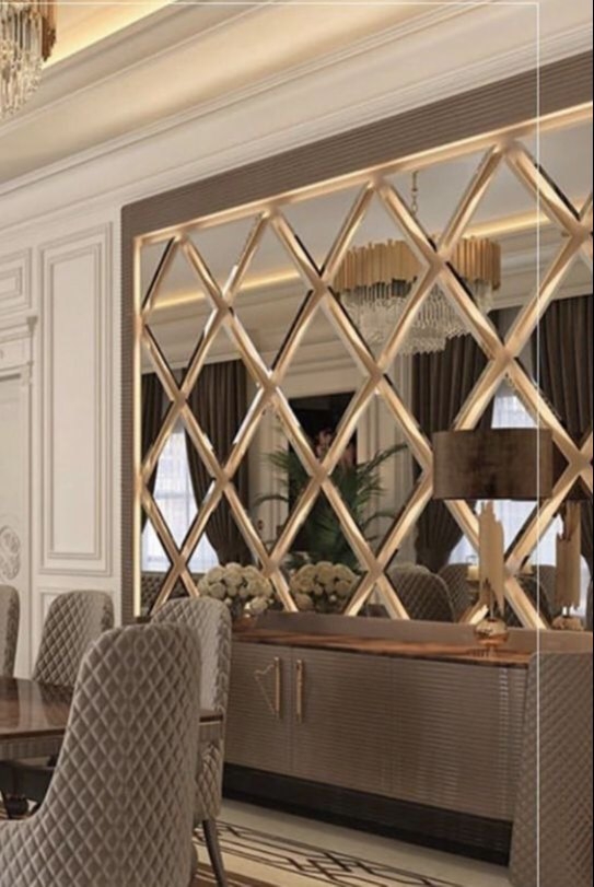 Mirrored Wall Panel in Champagne Gold Trim and Diamond Grid