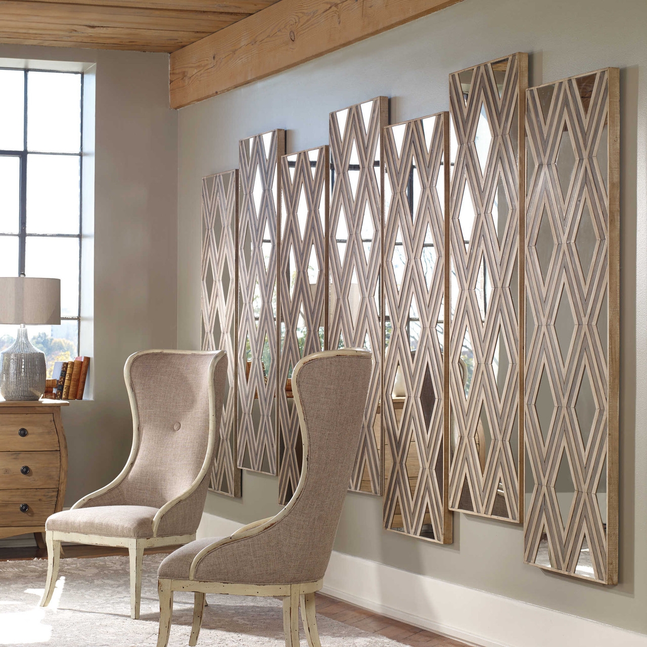 Mirrored Wall Panel with Chevron Mirror Overlay Wall Ideas