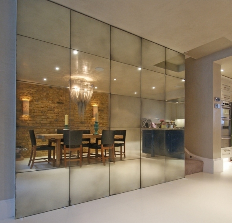 Mirrored Wall Panels: Antiqued Finish and Grid Feature Wall