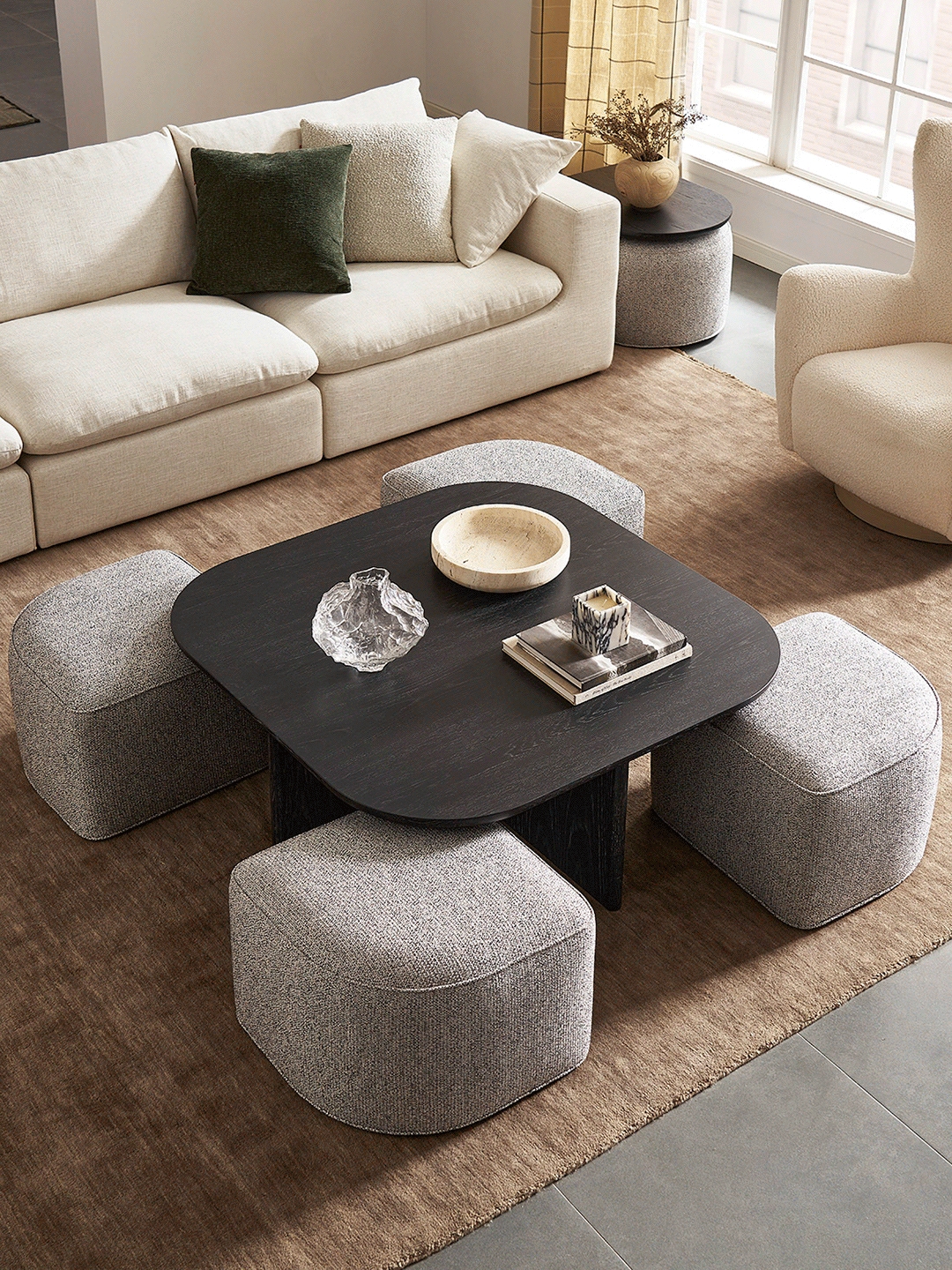 Modular Coffee Table Set with Charcoal Black Fabric
