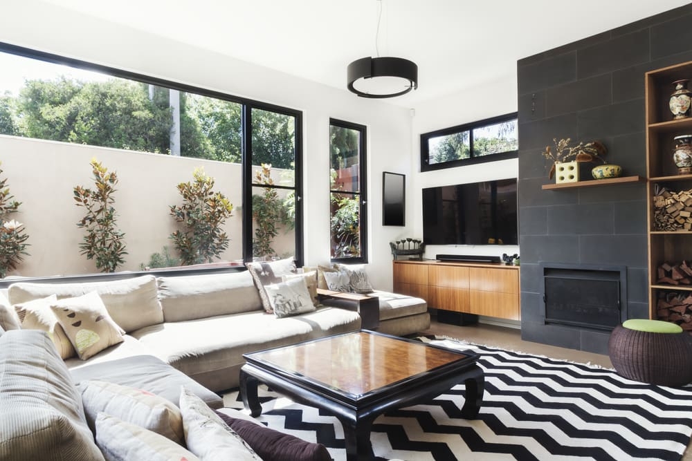 Modular Sectional Chevron Rug Charcoal Tile Fireplace
