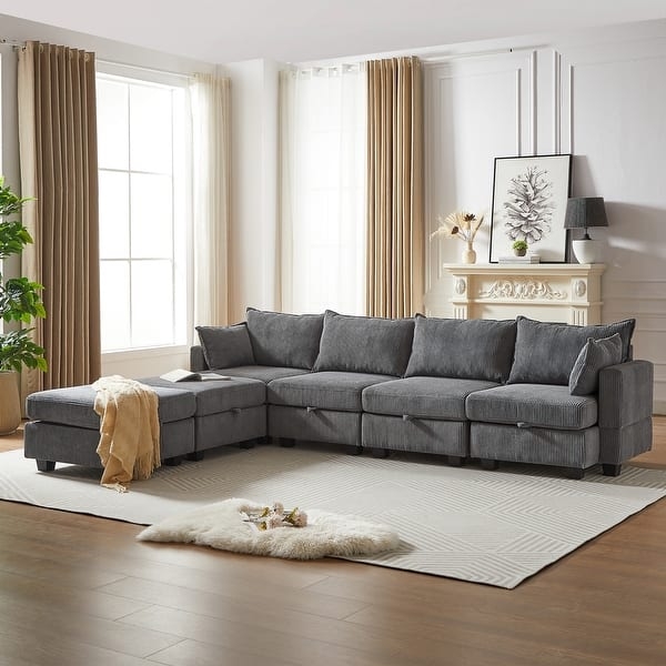 Modular Sectional Sofa with Storage Seats in Ribbed Corduroy