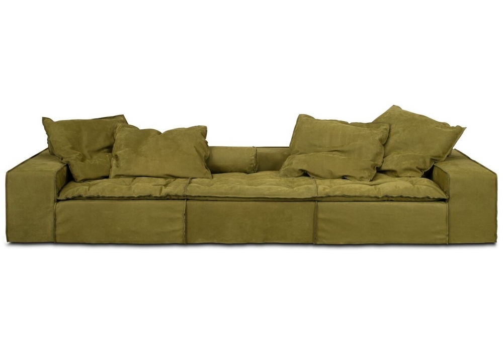 Modular Sofa with Exposed Seams and Olive Green Fabric