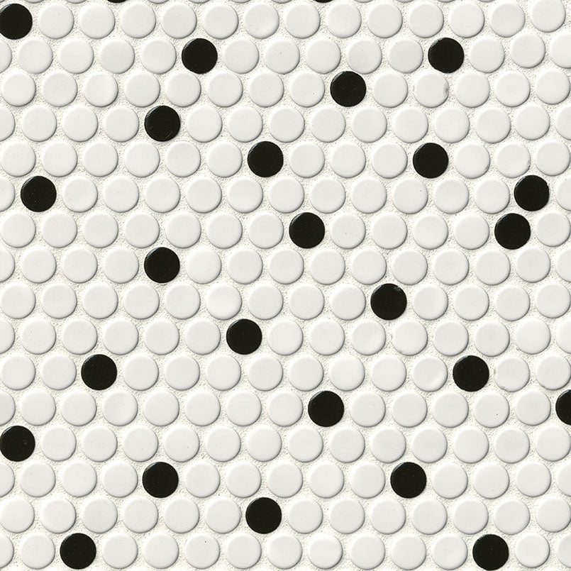 Mosaic Tile Glossy White Random Black Dot Domino Pattern