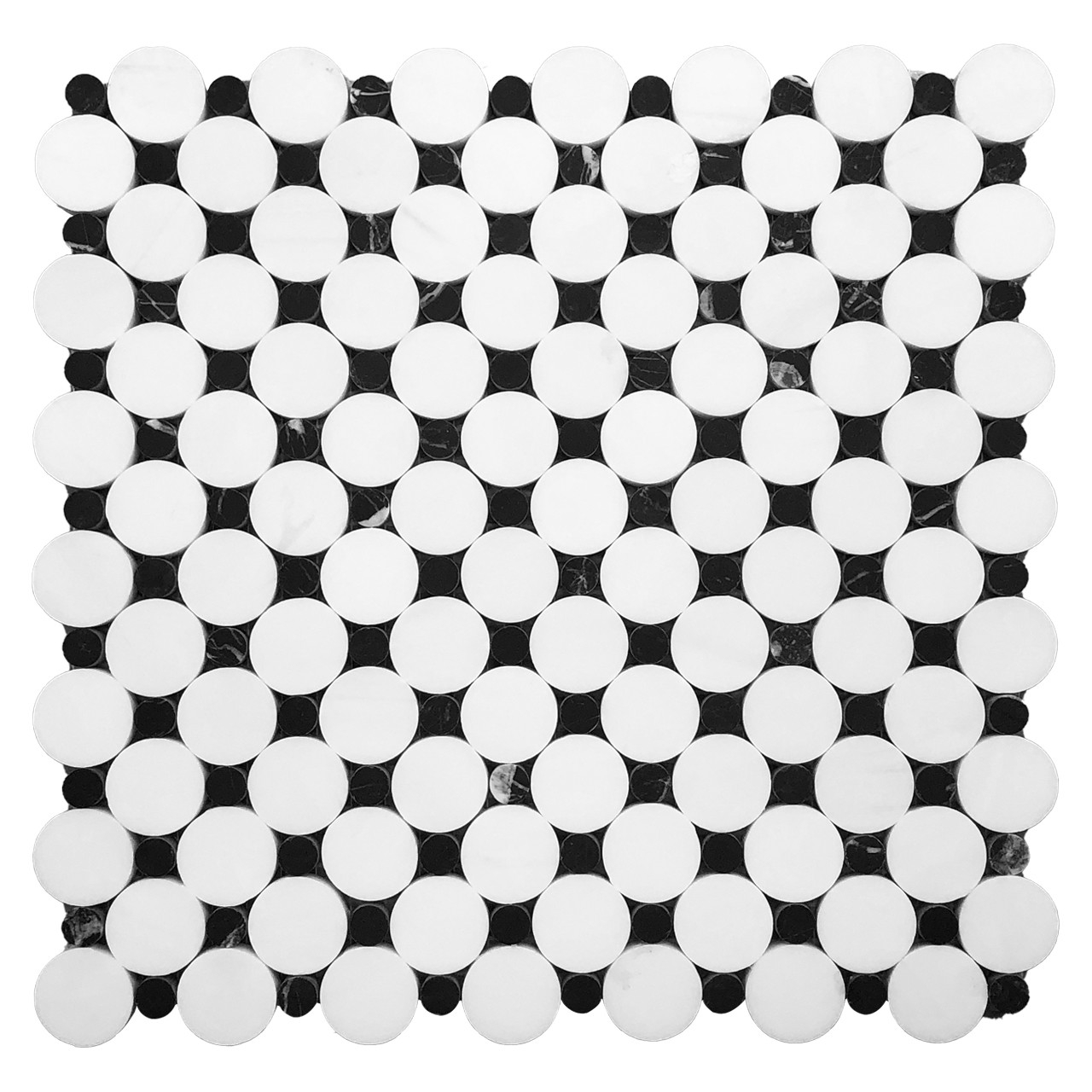 Mosaic Tile Polished Dolomite Black Insets Geometric Layout