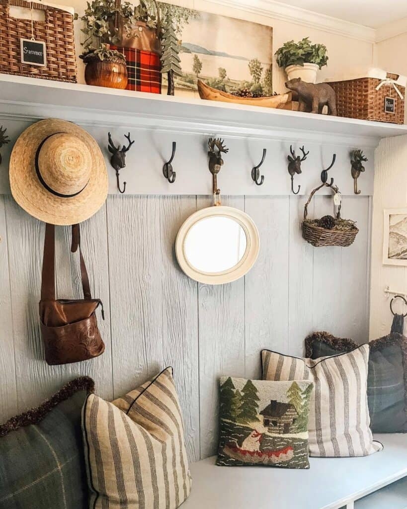 Mudroom Bench Nook featuring Animal Head Hooks and Lodge Decor