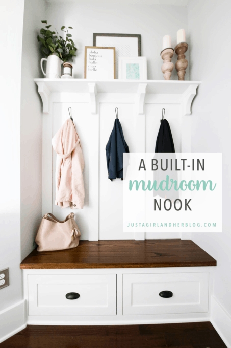Mudroom Bench Nook with Walnut Toned Wood Seat and Shaker Drawers