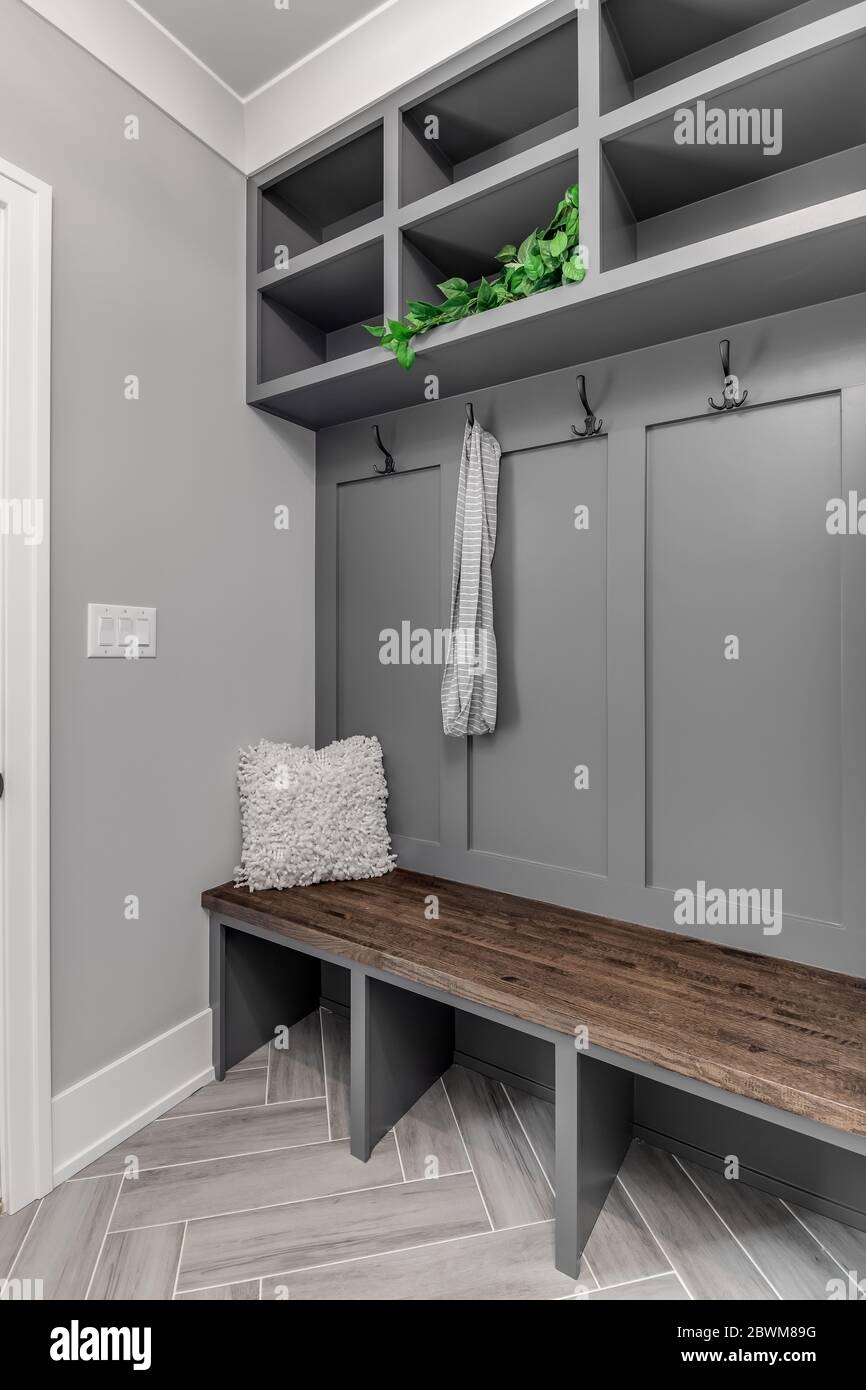 Mudroom Bench with Wood Topped Seat and Gray Herringbone Flooring