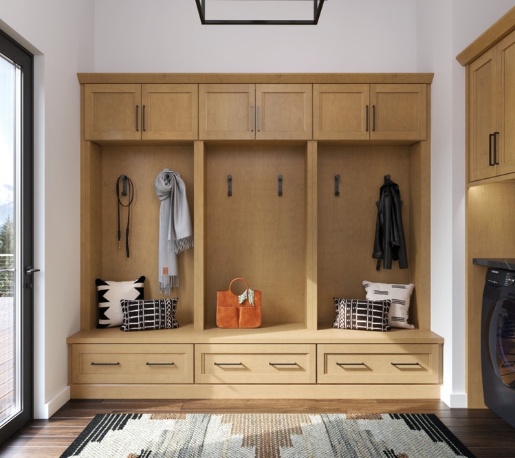 Mudroom Locker Cabinets in Warm Wood with Shaker Doors
