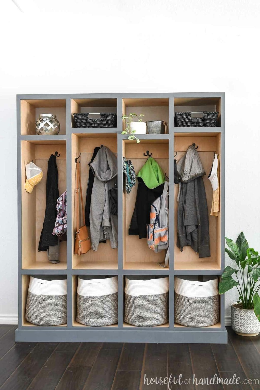 Mudroom Lockers with Slate Gray Frame and Wood Interiors