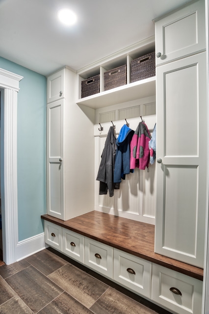 Mudroom Storage Unit with Beadboard Detailing and Cup Hardware