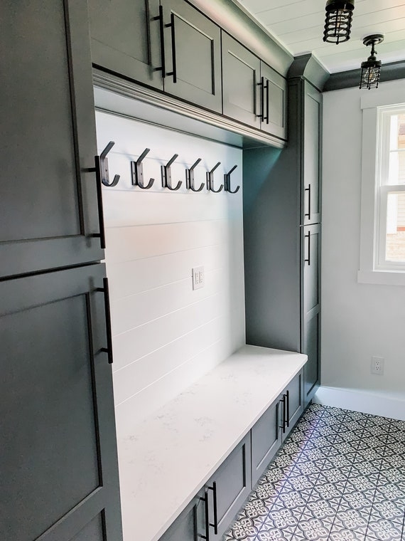 Mudroom Storage with Charcoal Shaker Cabinets and Patterned Floor Tile