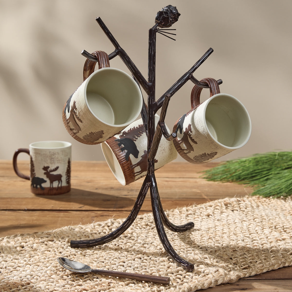 Mug Rack with Branch Shaped Arms and Decorative Pinecone Finial