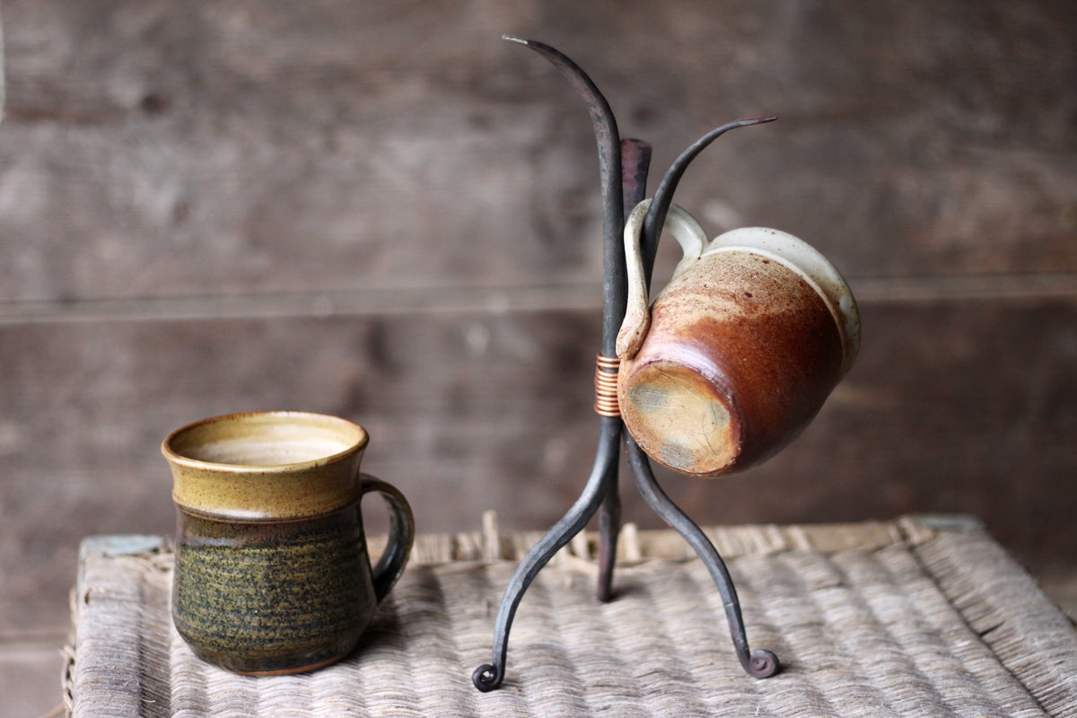 Mug Tree in Hand Forged Metal with Unique Copper Wire Wrap Detail