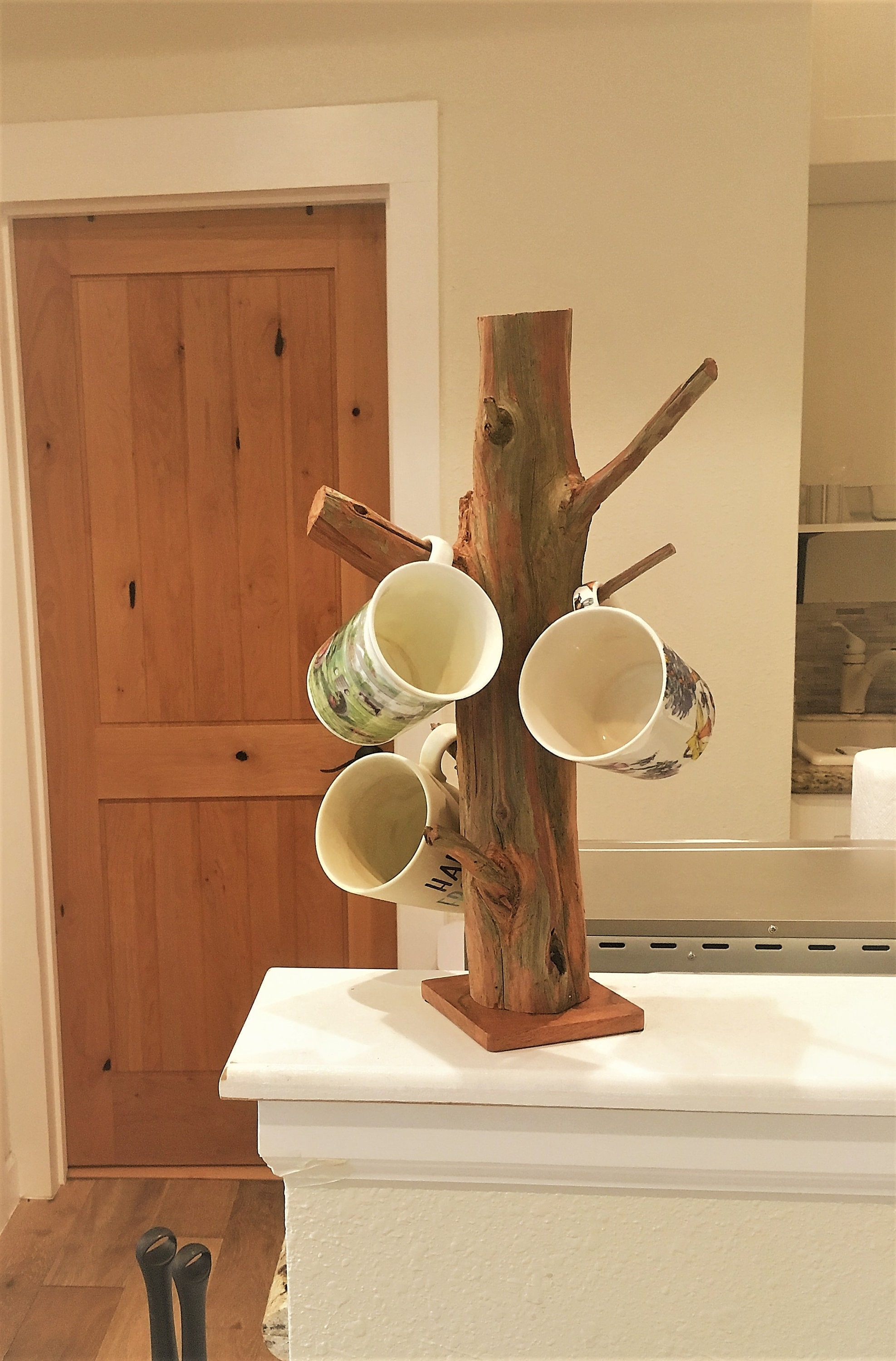 Mug Tree in Red Cedar with Branch Pegs and Natural Bark Texture