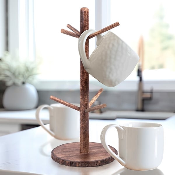 Mug Tree with Live Edge Base and Rustic Bark Rimmed Counter Storage