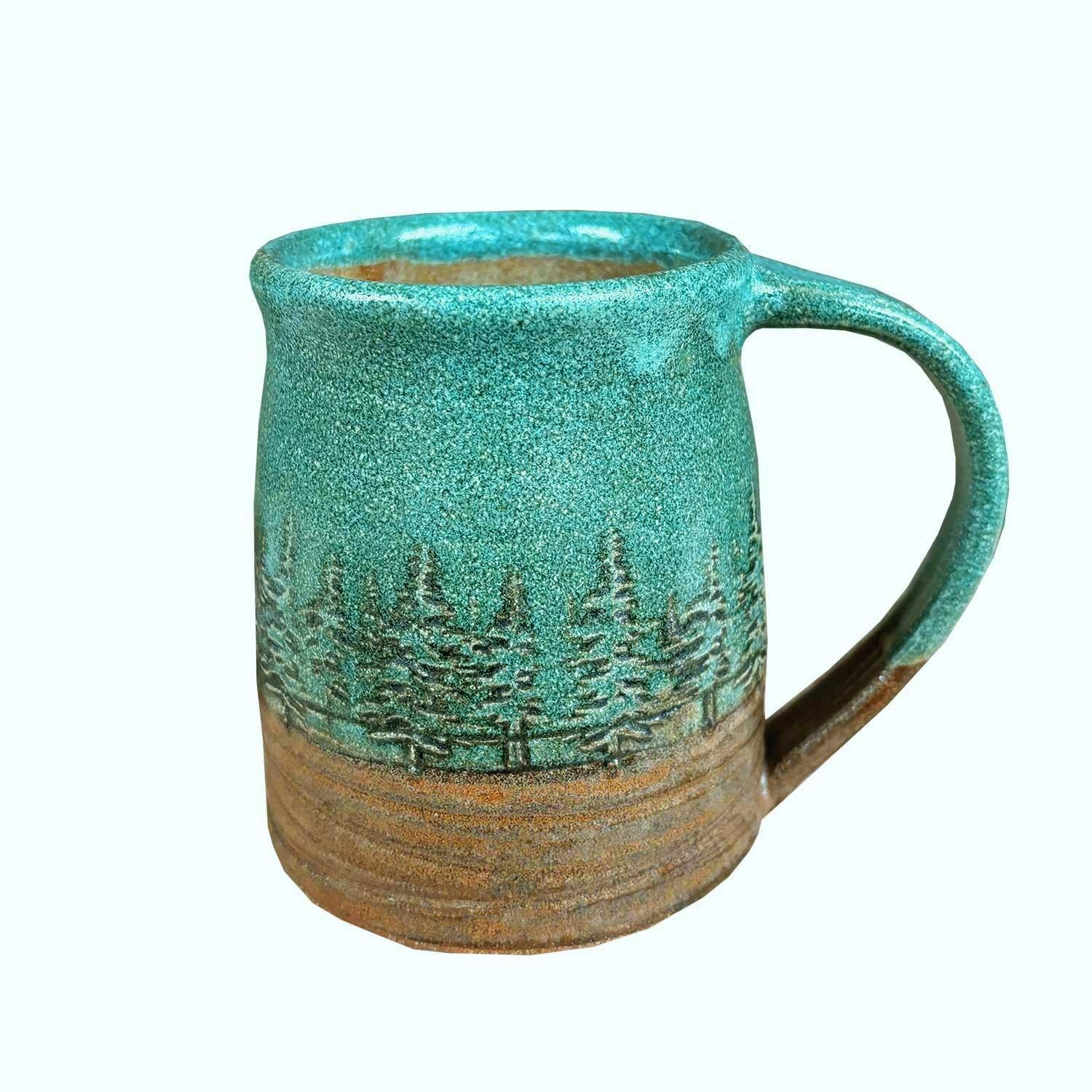 Mug with Pine Tree Embossing and Speckled Teal Reactive Glaze Finish