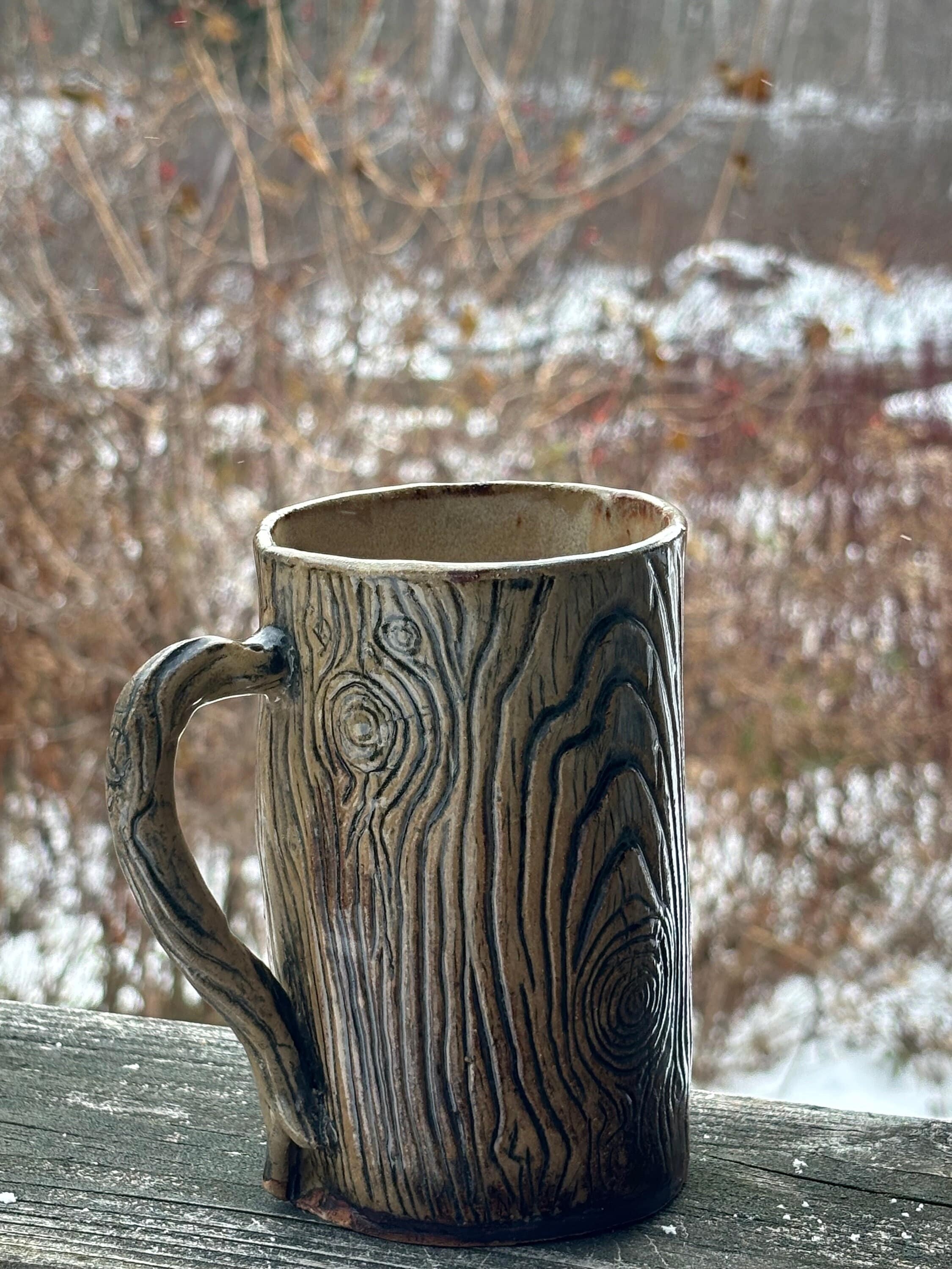 Mug with Wood Grain Relief Texture and Organic Branch Shaped Handle