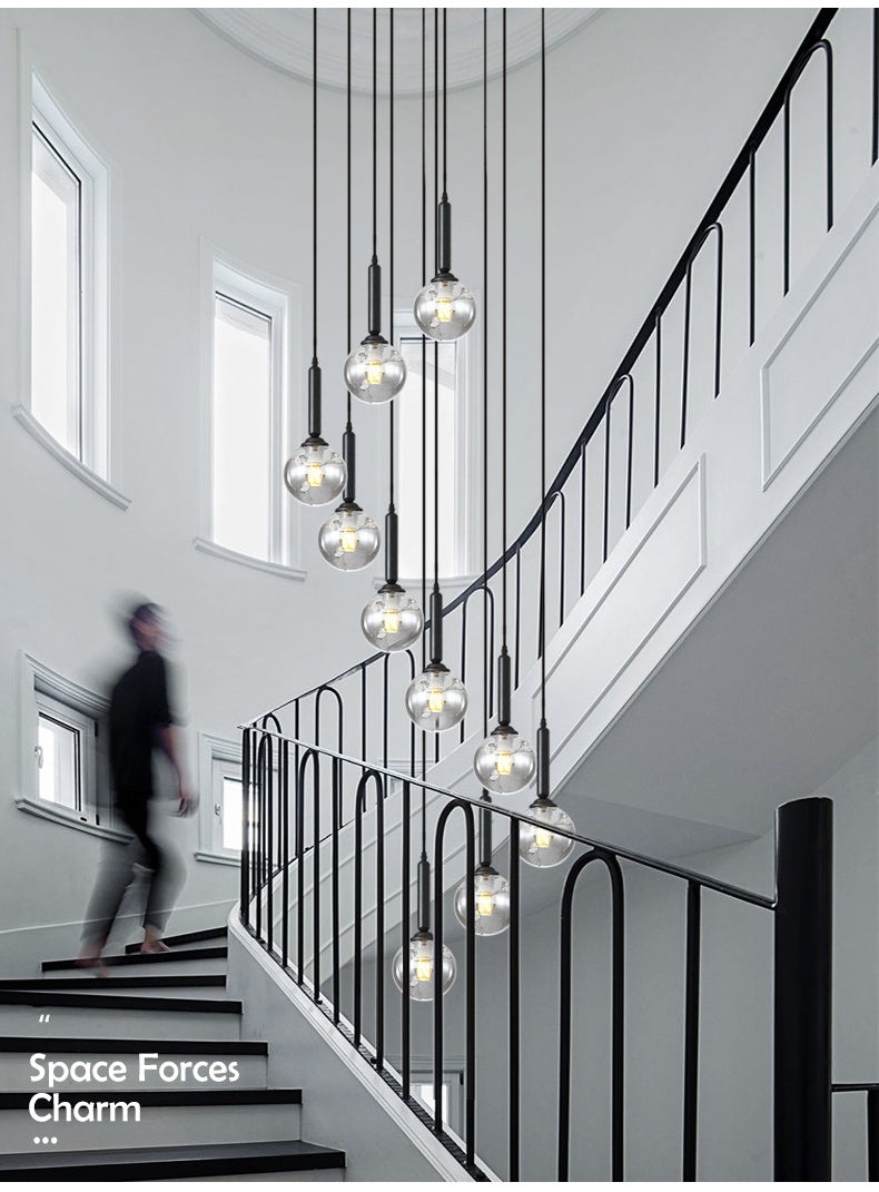 Multi Pendant Light Cascading Glass Globes with Black Stems
