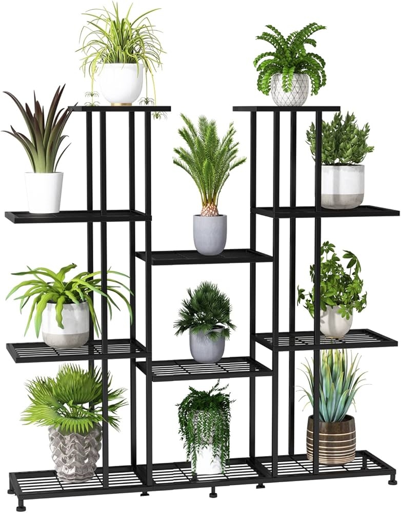 Multi Tier Plant Stand Staggered Nine-Tier Black Plant Stand
