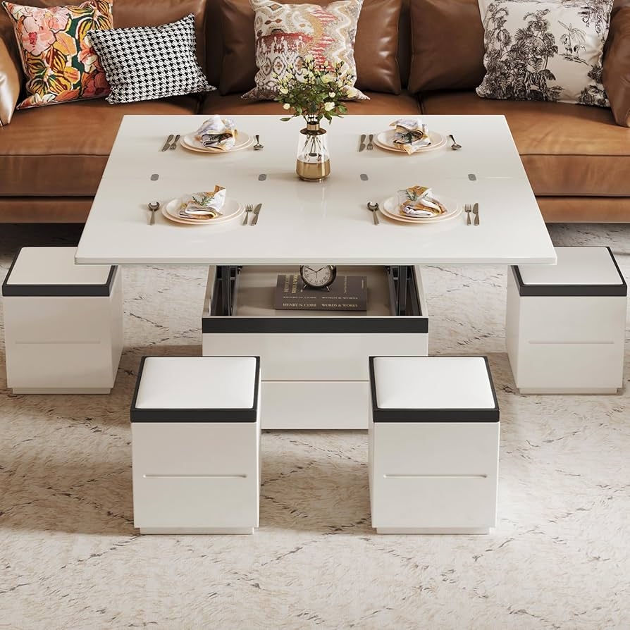 Multifunctional Coffee Table with Lift Top Storage Stools