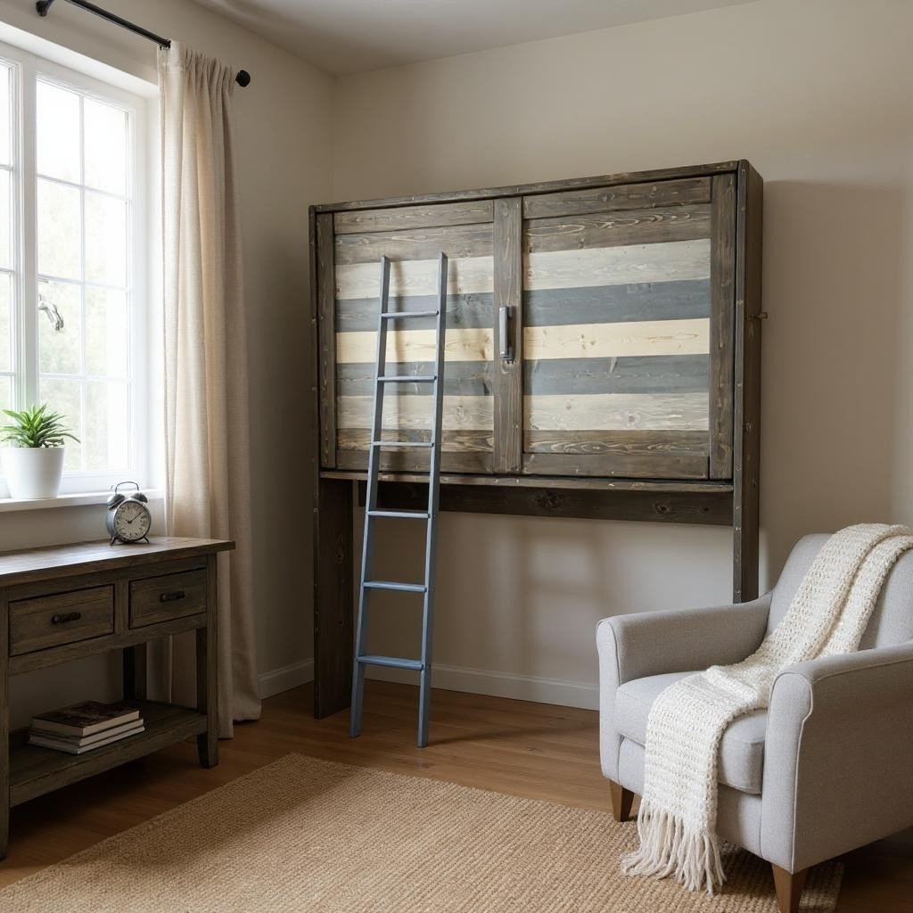 Murphy Loft Bed features Horizontal Blue Stripes and Blue Bed