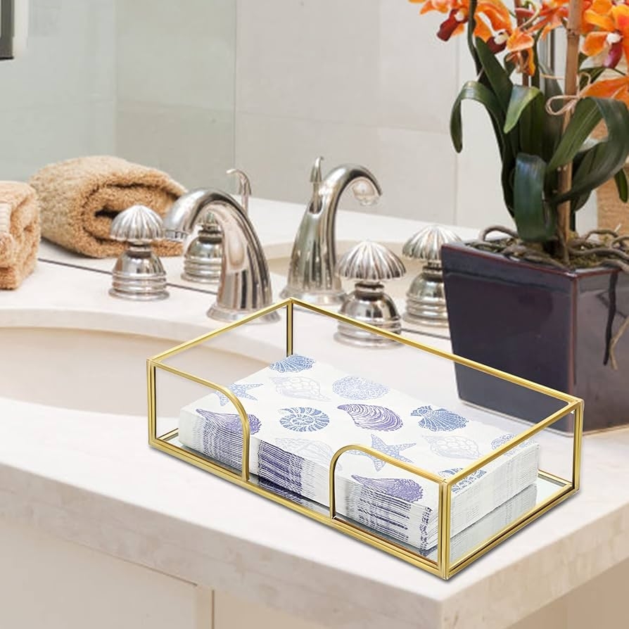 Napkin Holder Polished Frame Glass Sides Vanity Tray