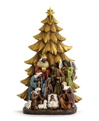 Nativity Scene: Tree Shaped Nativity Antique Gold Finish