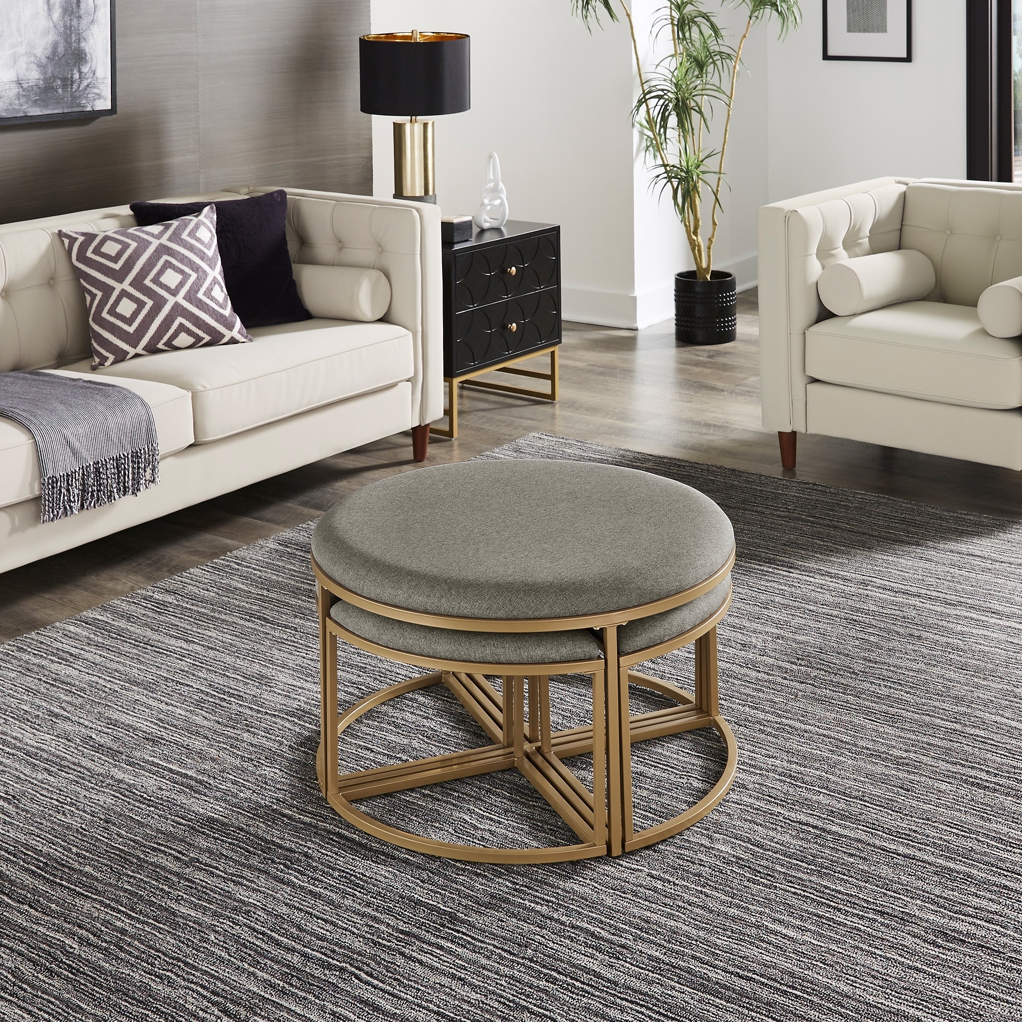 Nesting Coffee Table featuring Gold Frame Grey Stools