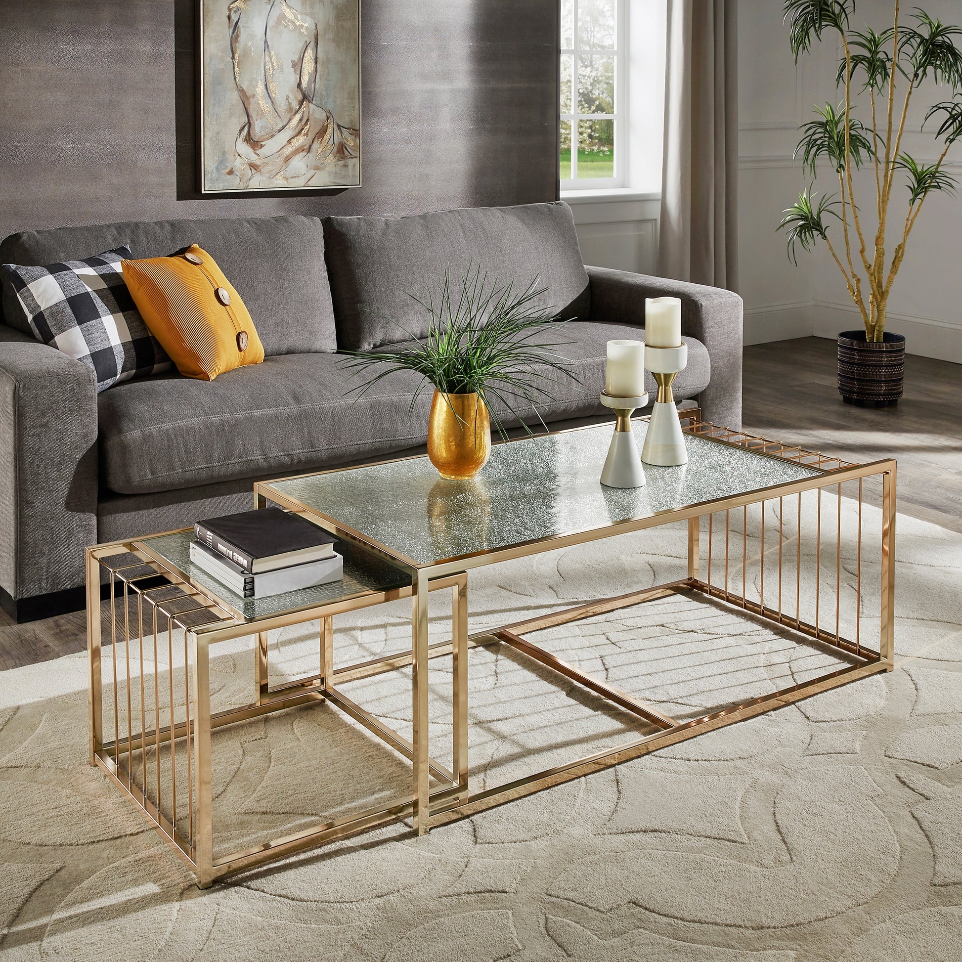 Nesting Coffee Table Textured Mirror Top Gold Bar