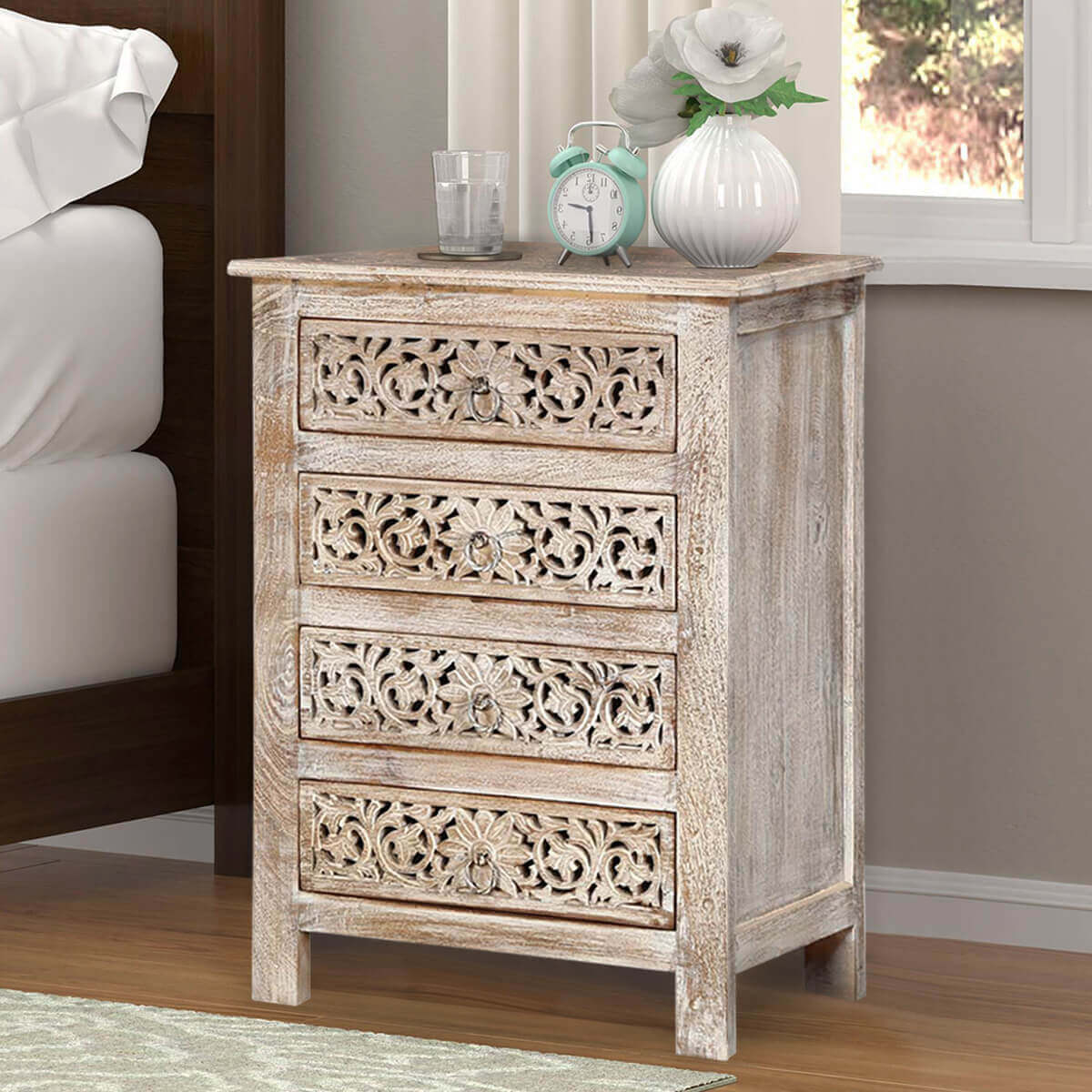 Nightstand 4 Drawer Storage Floral Carved Wood Chest