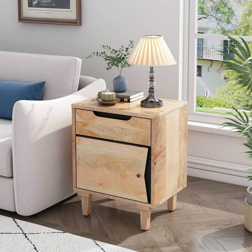 Nightstand Angled Cabinet Cutout Mid-Century Side Table