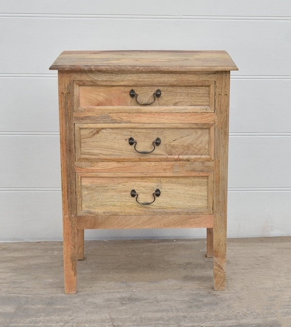 Nightstand Bail Handles Natural Wood 3 Drawer Unit
