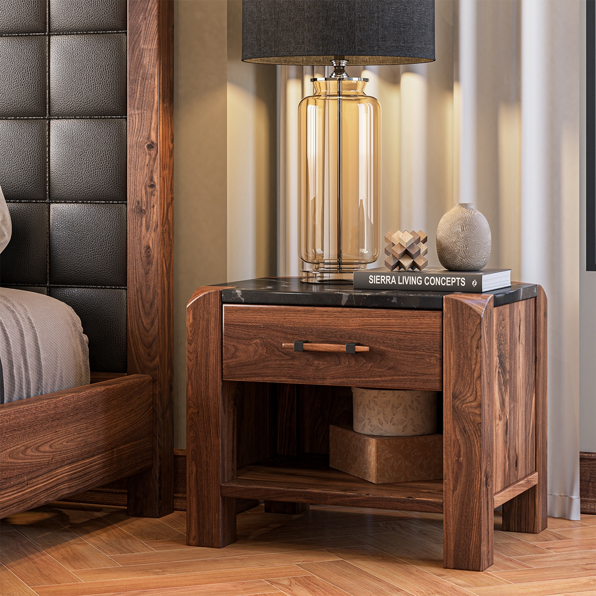 Nightstand Black Marble Top Chunky Wood Bedside Table
