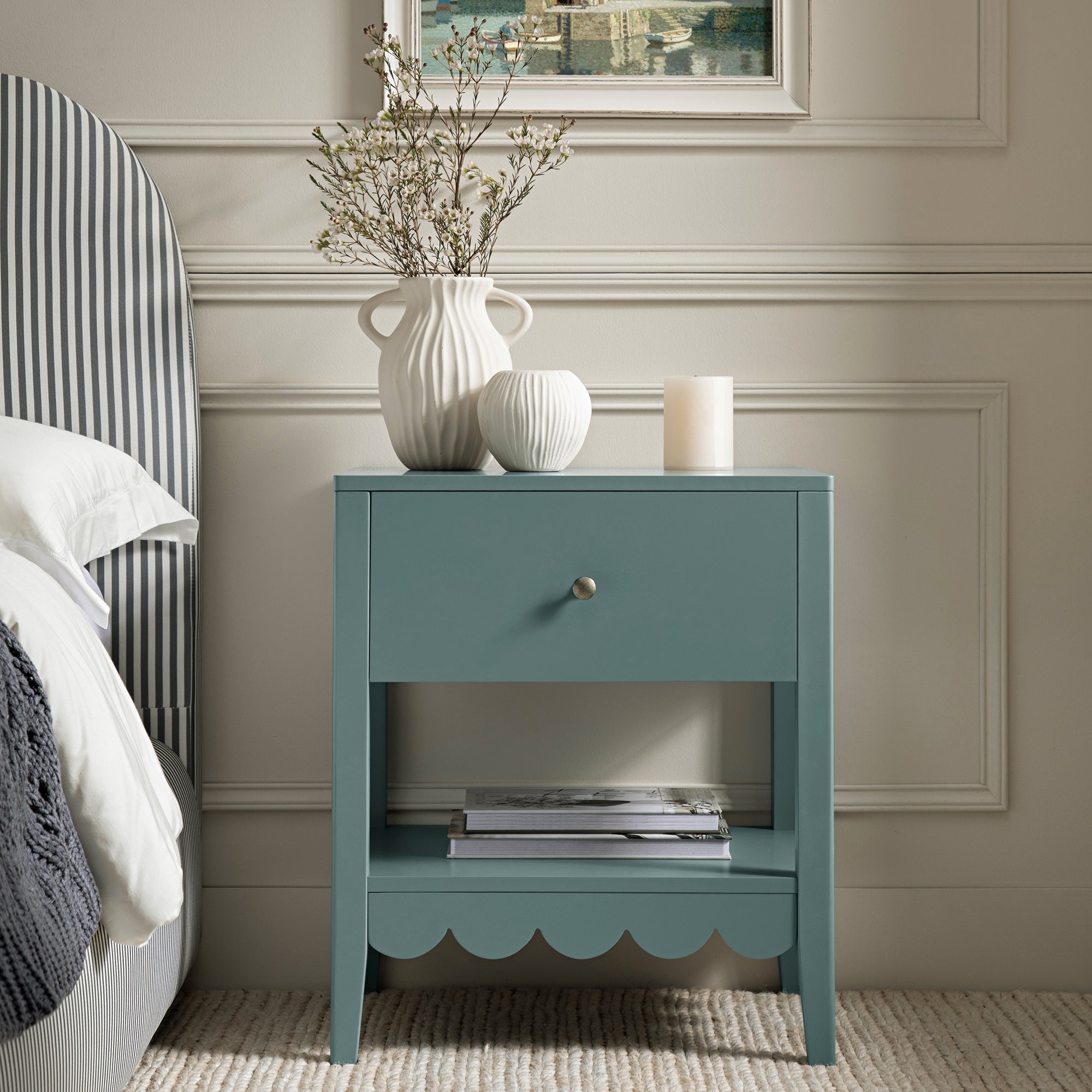 Nightstand Blue Spruce Scalloped Edge Bedside Shelf