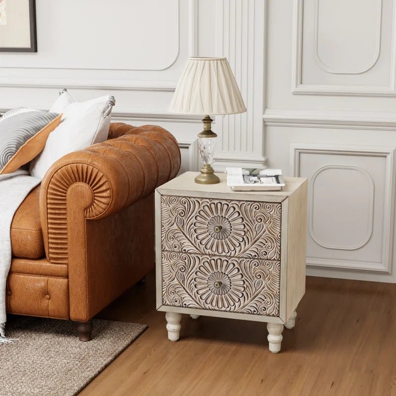 Nightstand Bun Feet Mandala Carved Cream Wood Chest