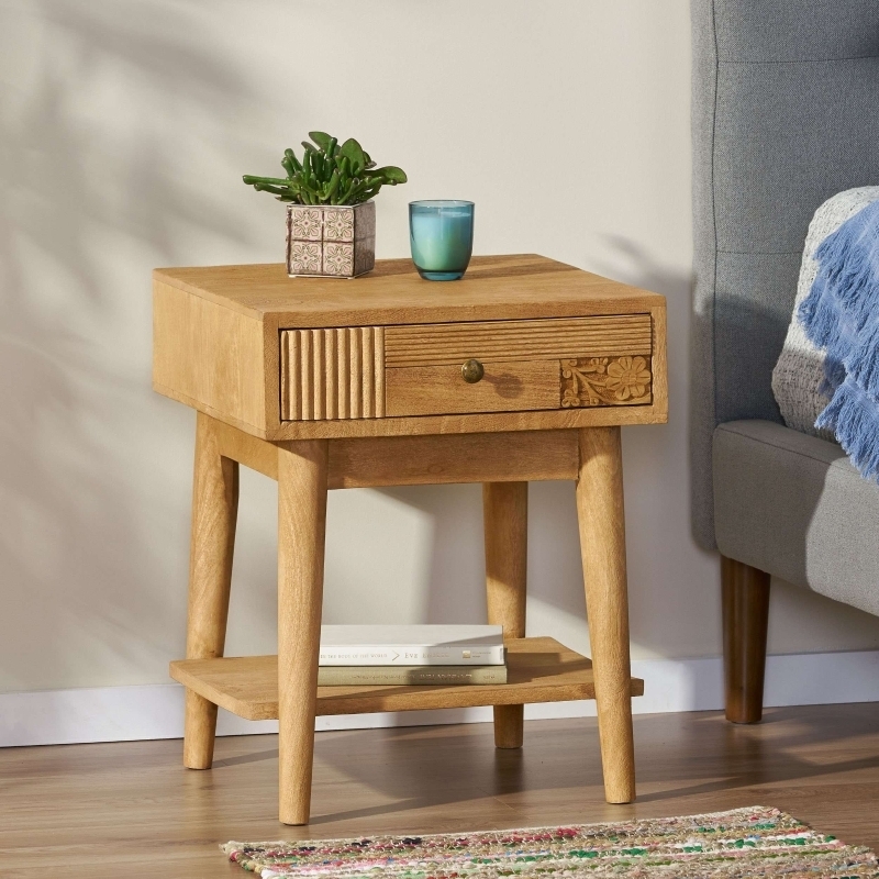 Nightstand Carved Floral Accent Boho Wood Side Table