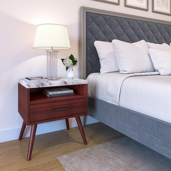 Nightstand Cherry Finish Mid-Century Bedside Storage Table